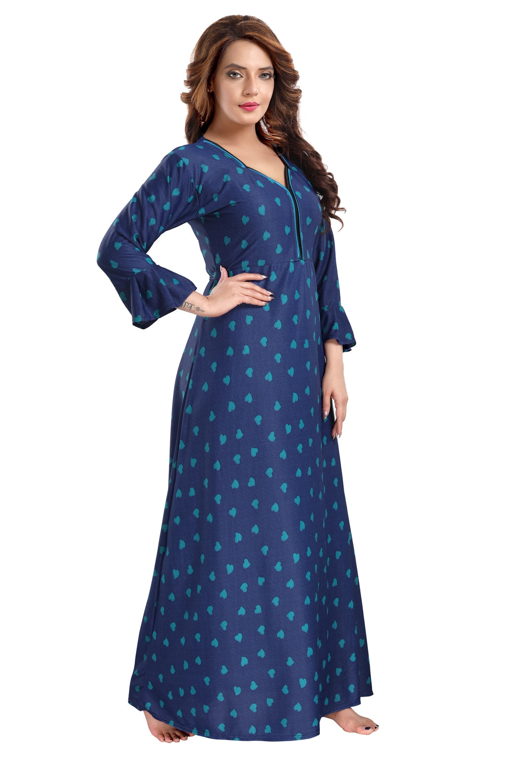 Fabme Women's Sea Green Printed Sarina Satin / Polyester Full Length EveryDay Night Dress Nighty