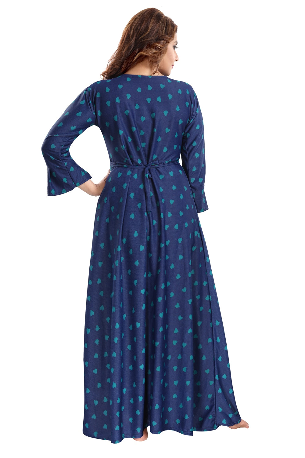 Fabme Women's Sea Green Printed Sarina Satin / Polyester Full Length EveryDay Night Dress Nighty