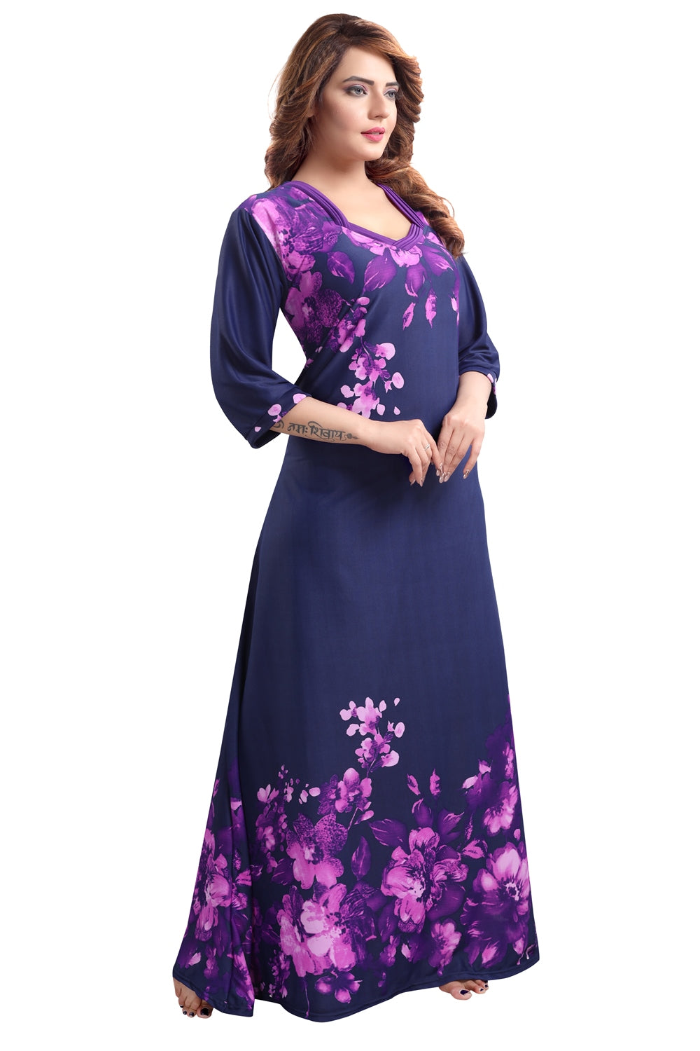 Fabme Women's Purple Printed Sarina Satin / Polyester Full Length EveryDay Night Dress Nighty