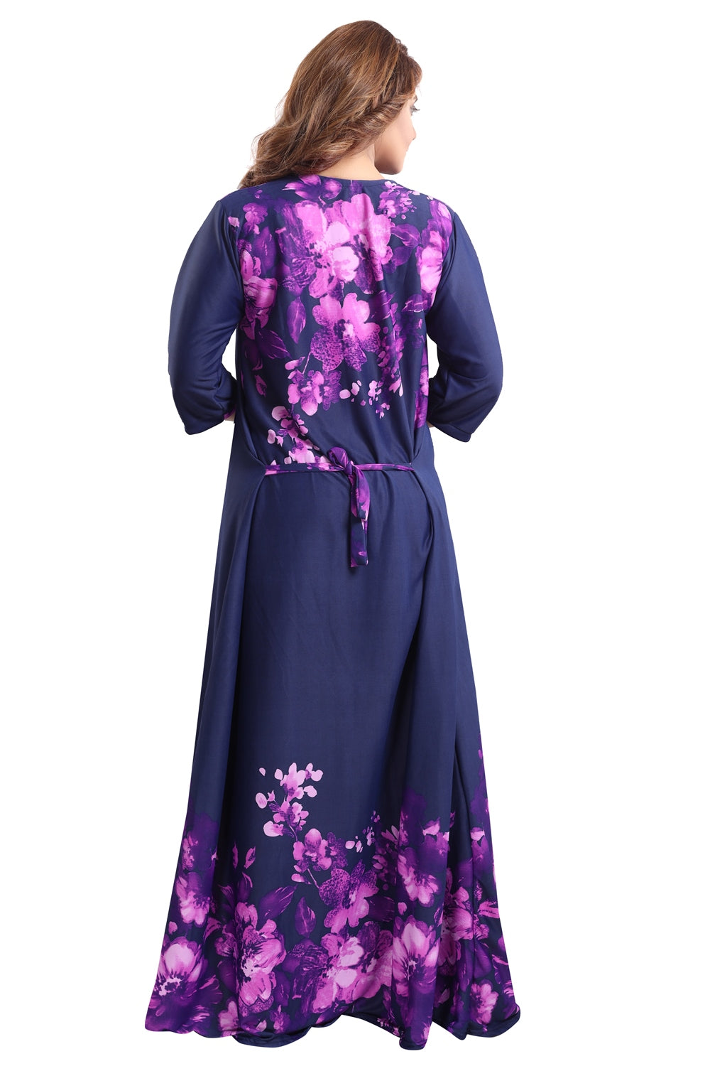 Fabme Women's Purple Printed Sarina Satin / Polyester Full Length EveryDay Night Dress Nighty
