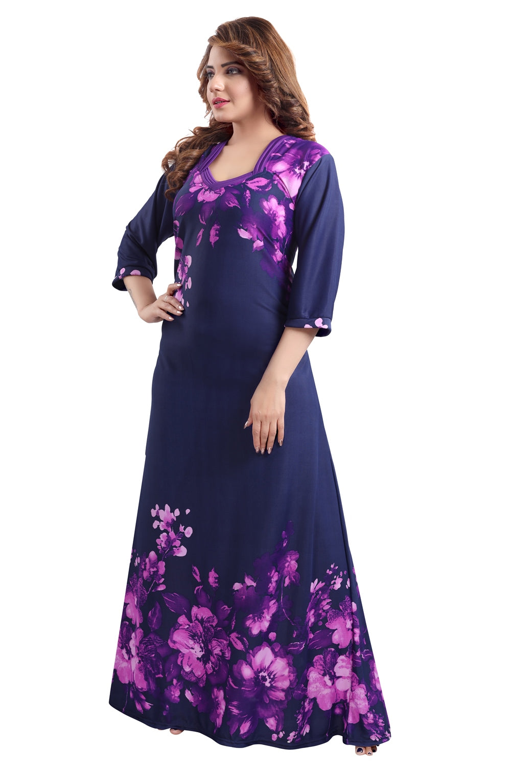 Fabme Women's Purple Printed Sarina Satin / Polyester Full Length EveryDay Night Dress Nighty