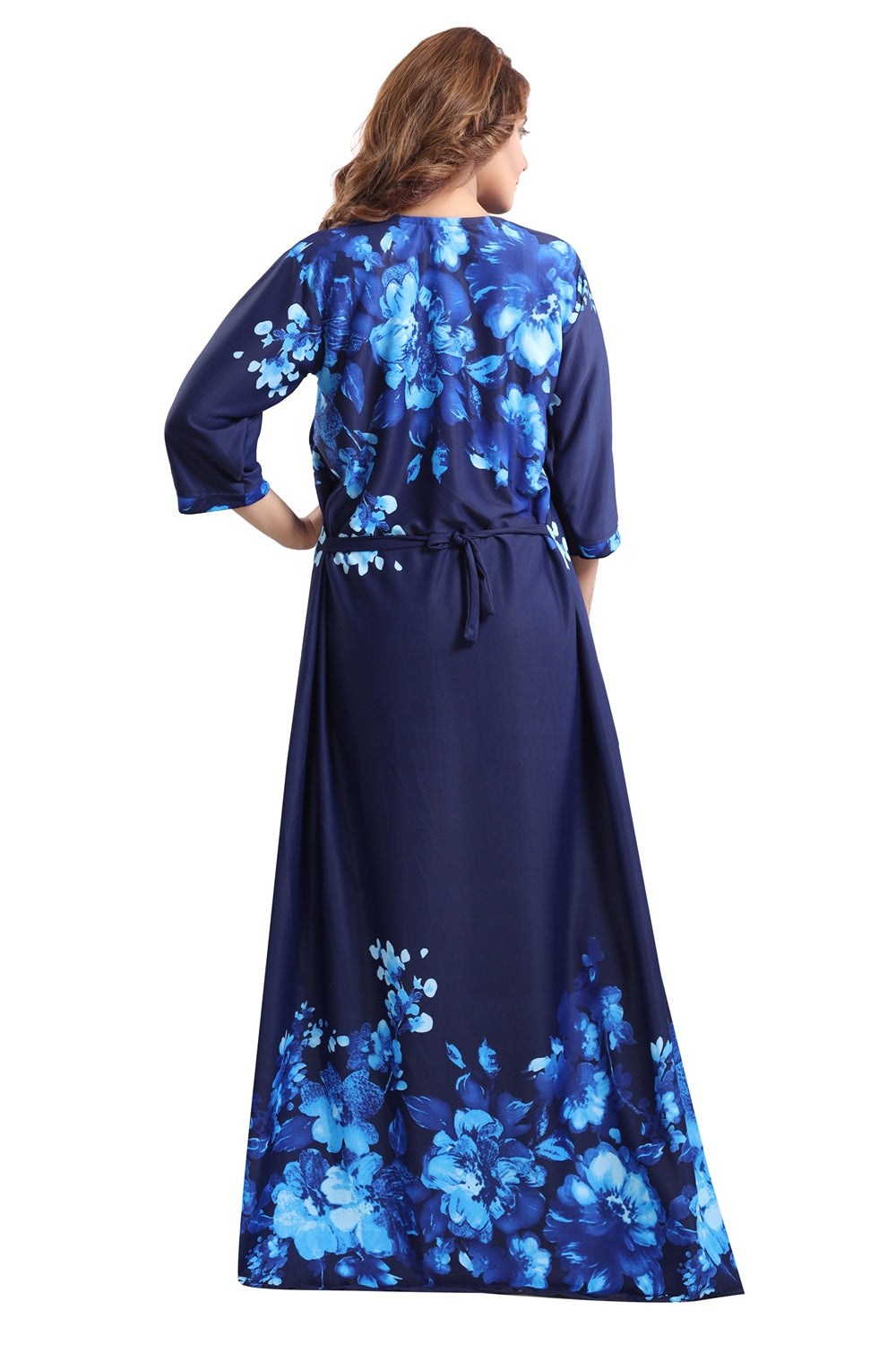 Fabme Women's Blue Printed Sarina Satin / Polyester Full Length EveryDay Night Dress Nighty