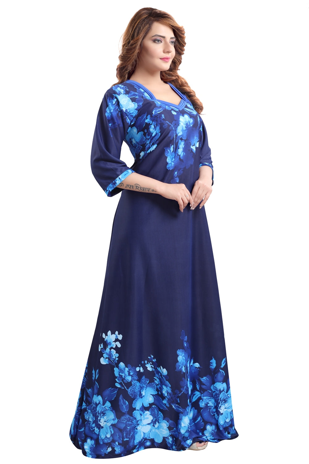 Fabme Women's Blue Printed Sarina Satin / Polyester Full Length EveryDay Night Dress Nighty