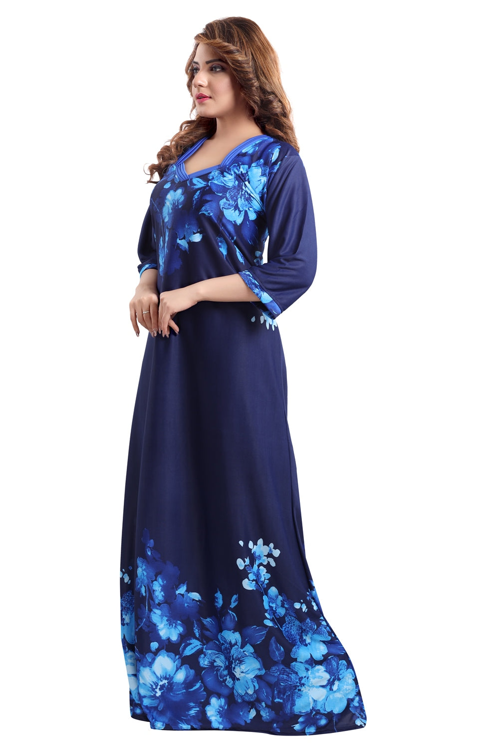 Fabme Women's Blue Printed Sarina Satin / Polyester Full Length EveryDay Night Dress Nighty