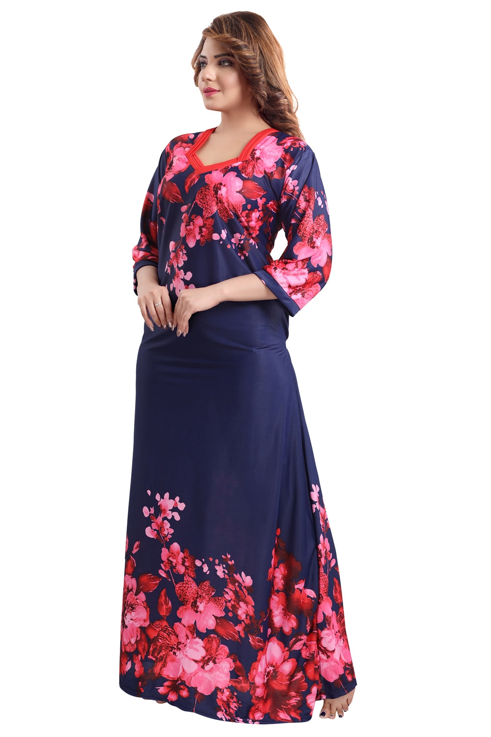 Fabme Women's Red Printed Sarina Satin / Polyester Full Length EveryDay Night Dress Nighty