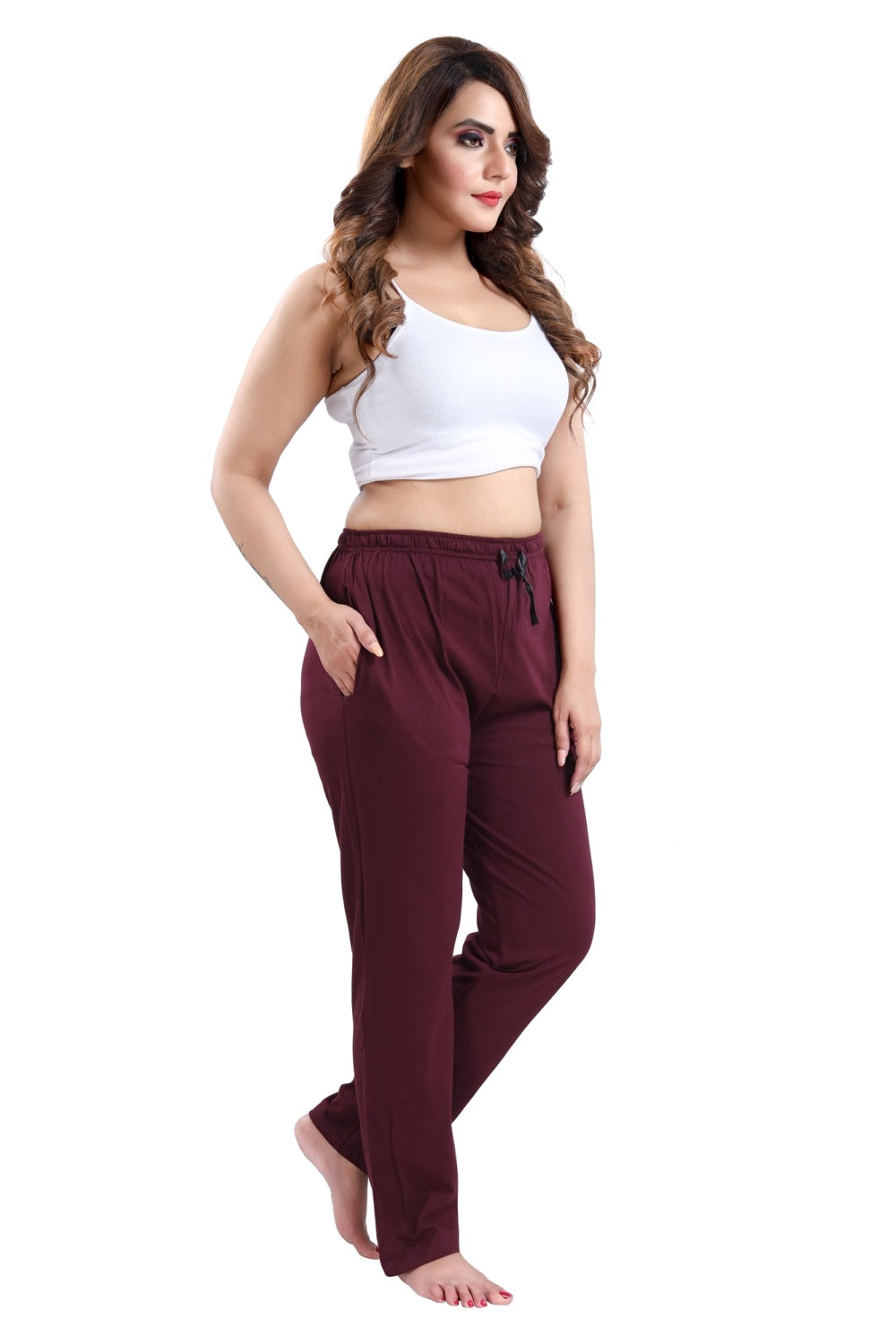 Fabme Women's Violet Drawstring Hosiery Cotton EveryDay Pyjama Pant