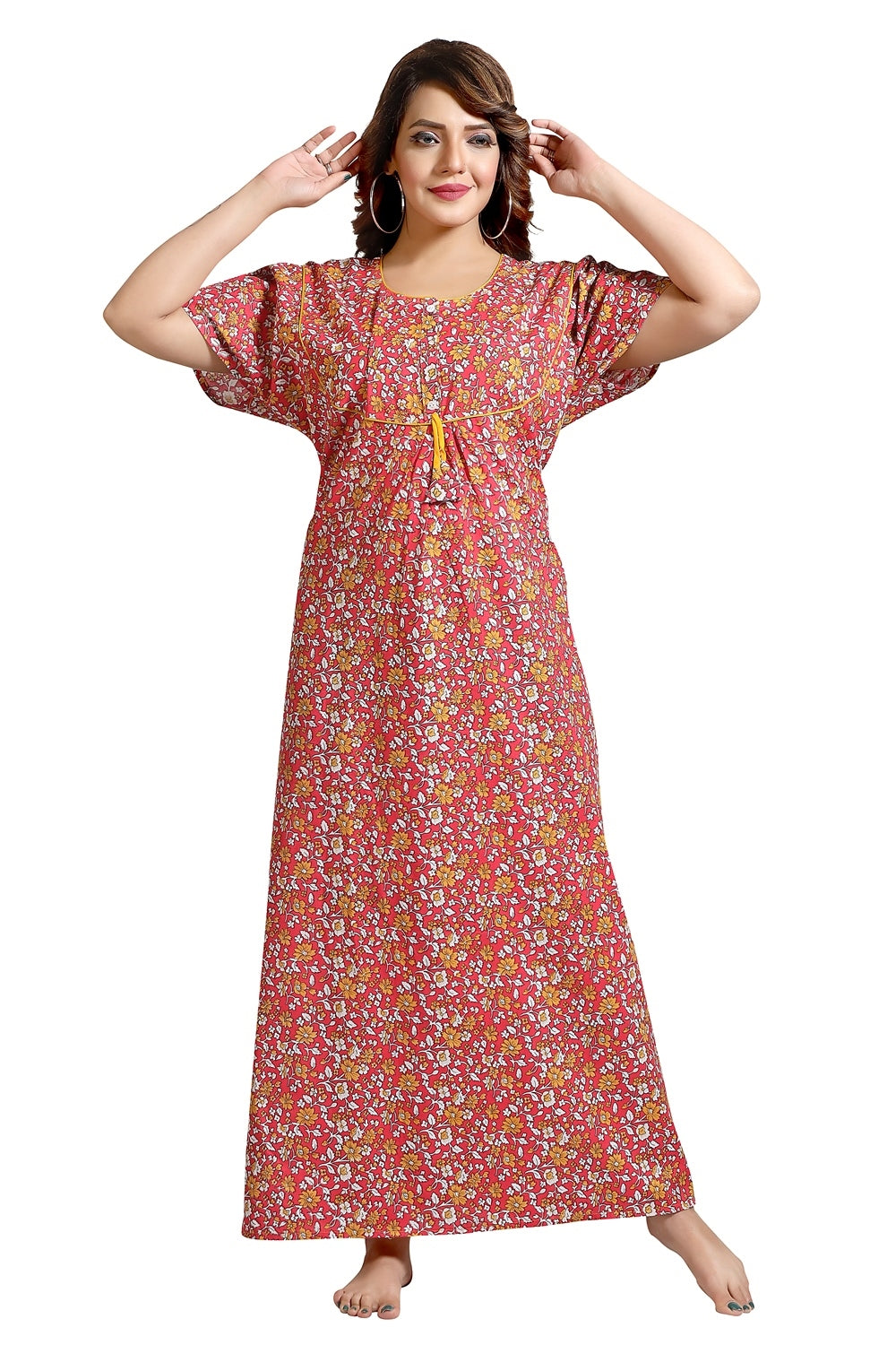 Fabme Women's Dark Pink Printed Cotton Full Length EveryDay Night Dress Nighty