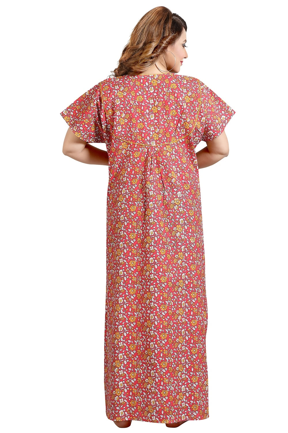 Fabme Women's Dark Pink Printed Cotton Full Length EveryDay Night Dress Nighty