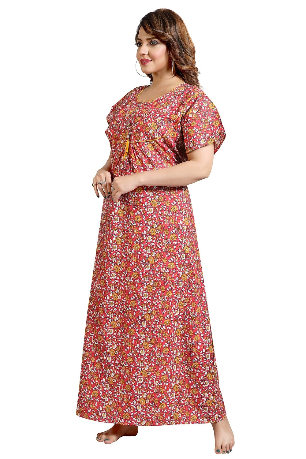 Fabme Women's Dark Pink Printed Cotton Full Length EveryDay Night Dress Nighty