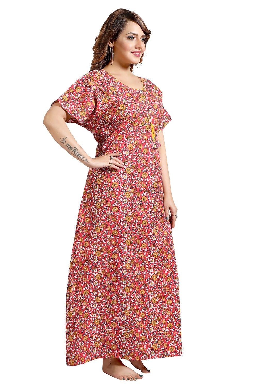 Fabme Women's Dark Pink Printed Cotton Full Length EveryDay Night Dress Nighty