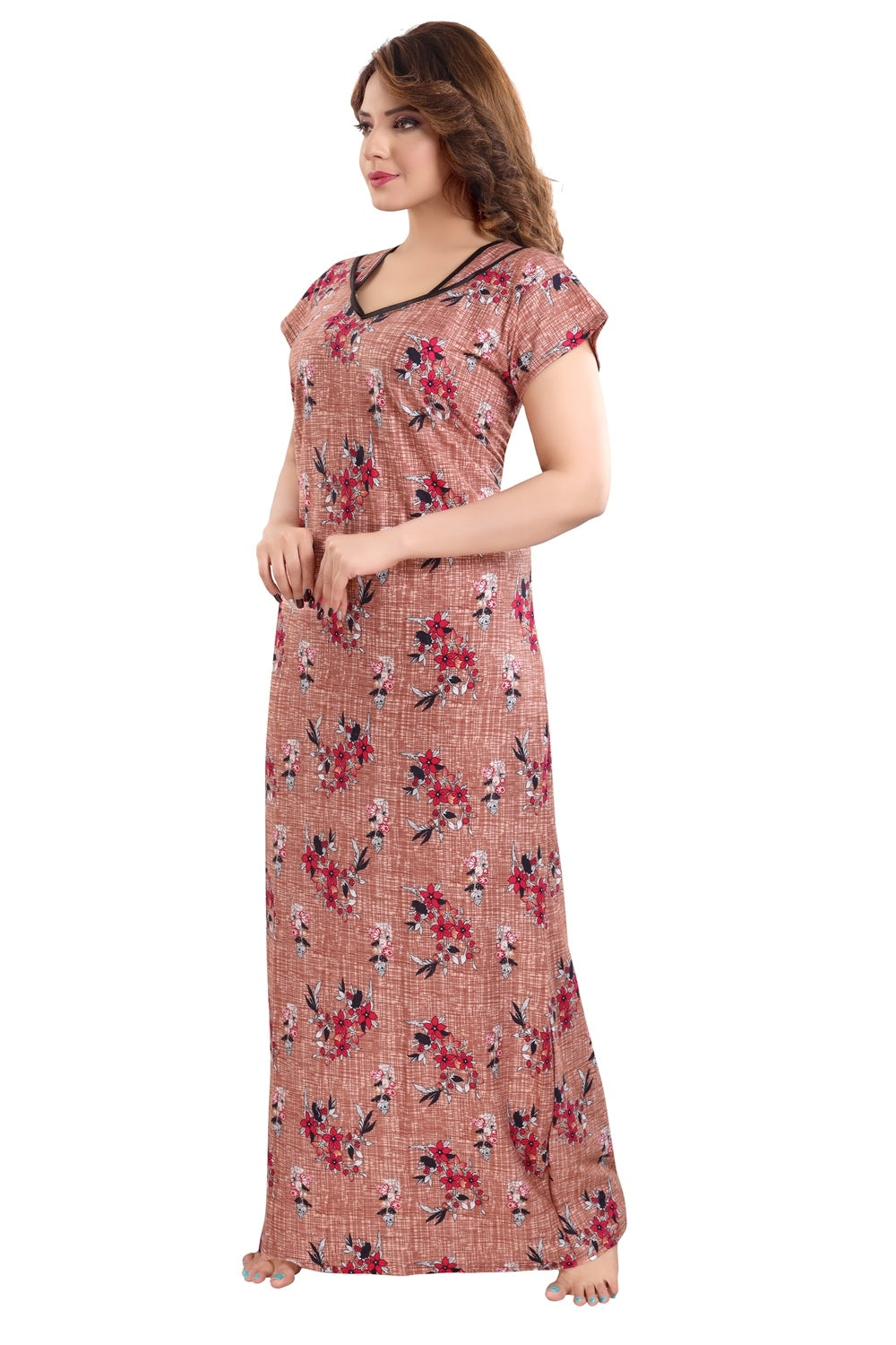 Fabme Women's Chocolate Printed Cotton Full Length EveryDay Night Dress Nighty