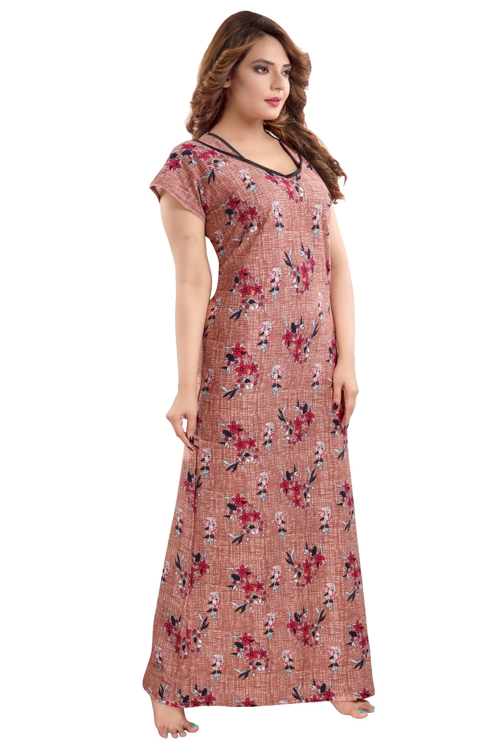 Fabme Women's Chocolate Printed Cotton Full Length EveryDay Night Dress Nighty