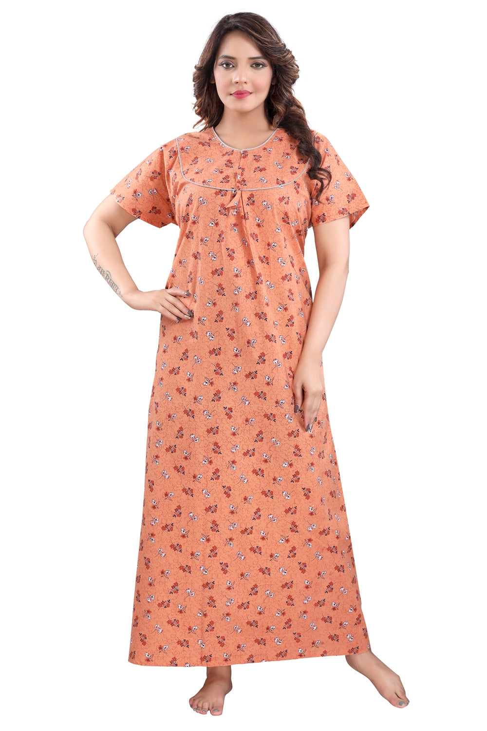 Fabme Women's Light Orange Printed Cotton Full Length EveryDay Night Dress Nighty