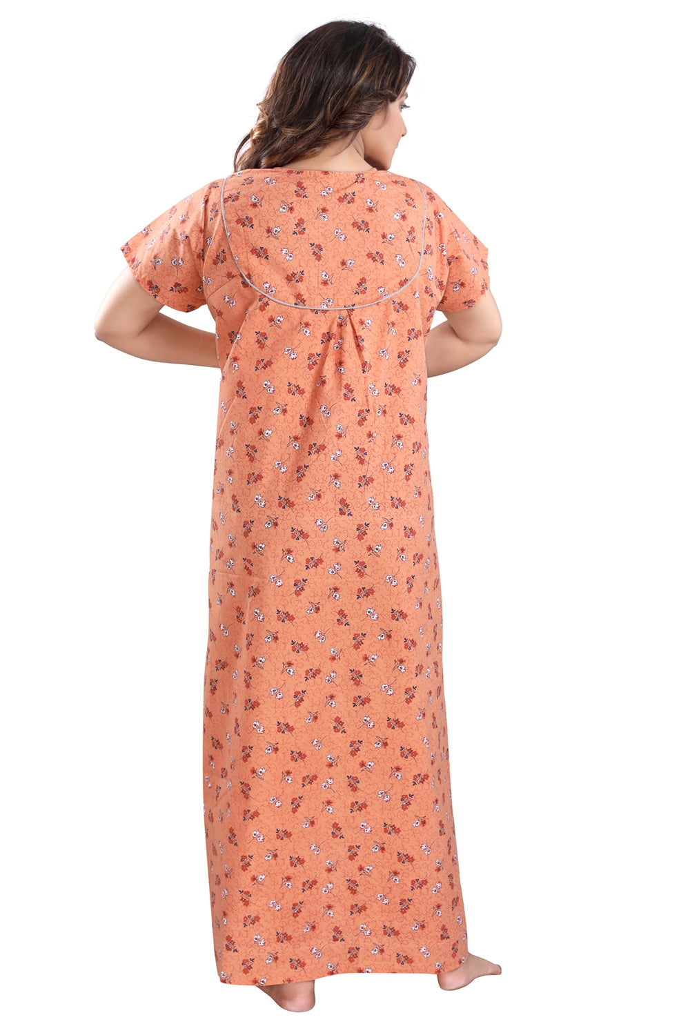 Fabme Women's Light Orange Printed Cotton Full Length EveryDay Night Dress Nighty