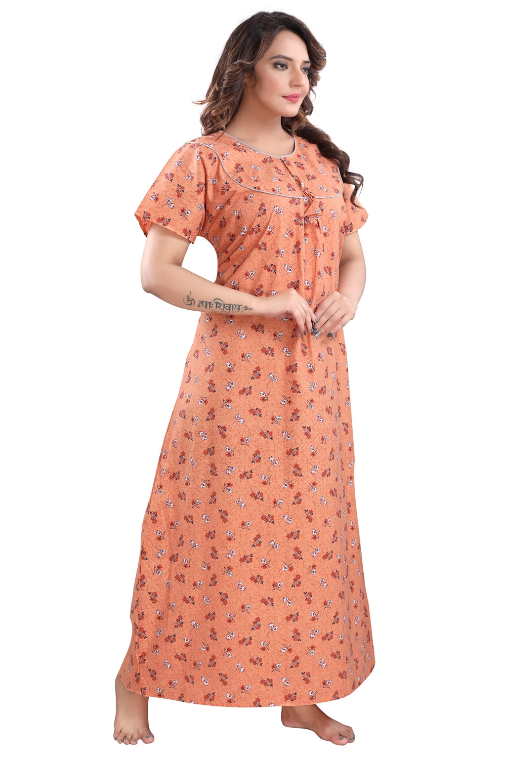 Fabme Women's Light Orange Printed Cotton Full Length EveryDay Night Dress Nighty