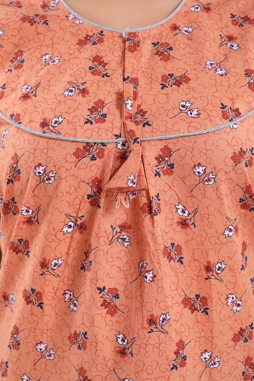 Fabme Women's Light Orange Printed Cotton Full Length EveryDay Night Dress Nighty