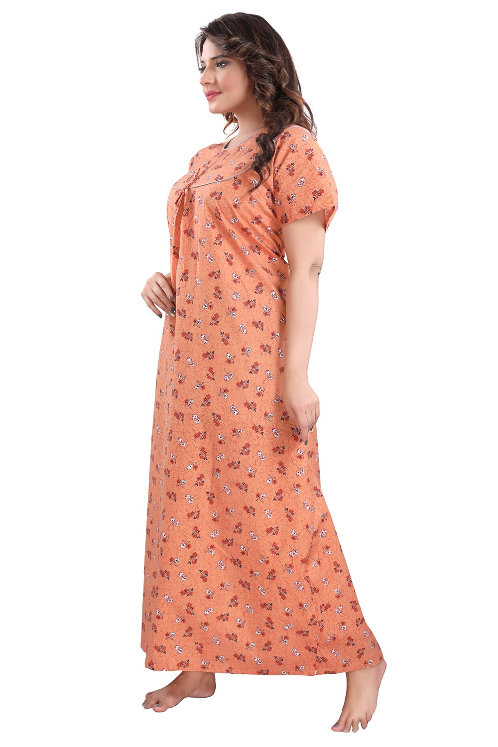 Fabme Women's Light Orange Printed Cotton Full Length EveryDay Night Dress Nighty