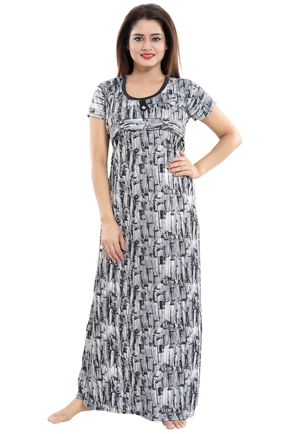 Fabme Women's White Horizontal Zip Sarina Satin / Polyester Full Length Maternity Night Dress Nighty
