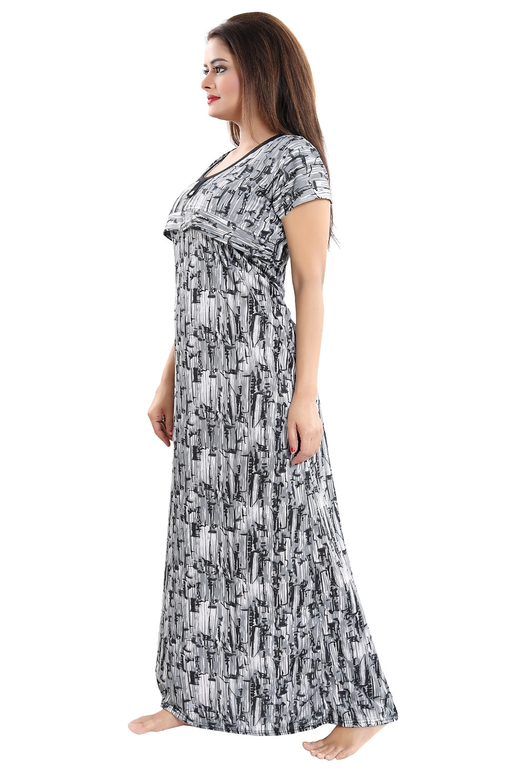 Fabme Women's White Horizontal Zip Sarina Satin / Polyester Full Length Maternity Night Dress Nighty