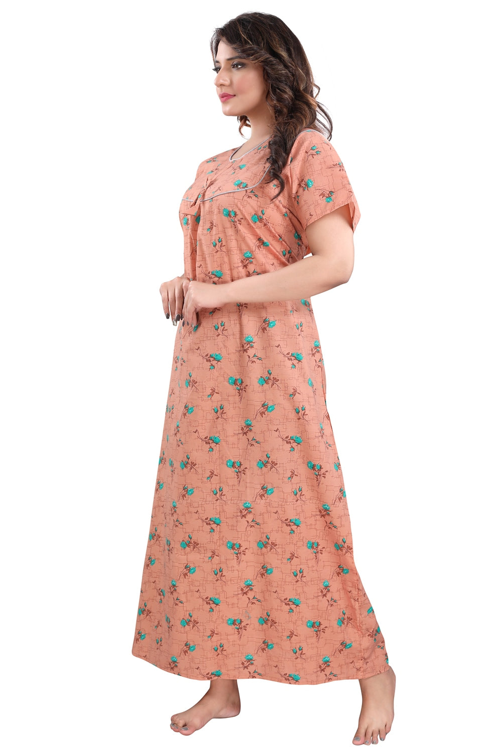 Fabme Women's Light Orange Printed Cotton Full Length EveryDay Night Dress Nighty