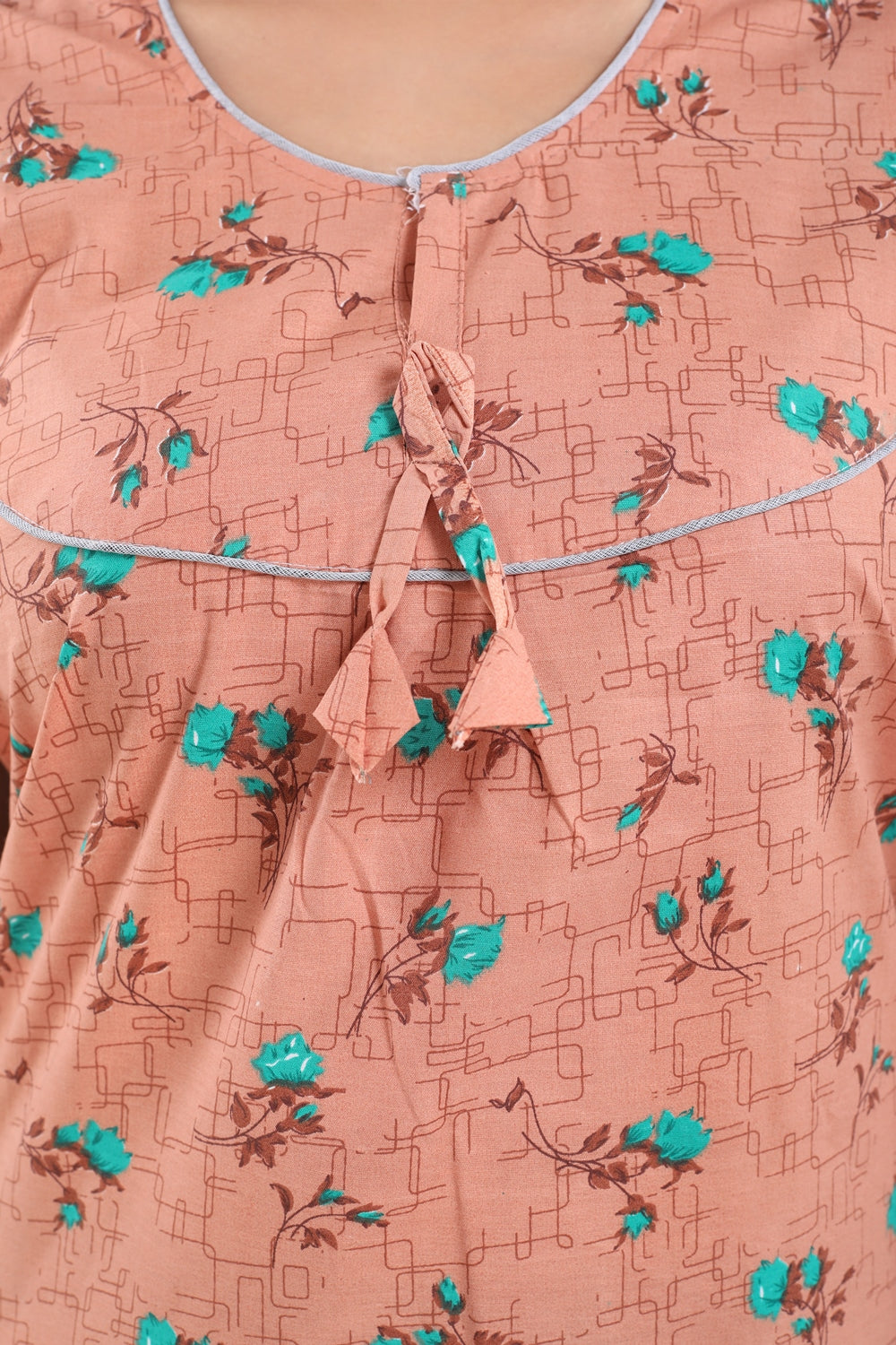 Fabme Women's Light Orange Printed Cotton Full Length EveryDay Night Dress Nighty