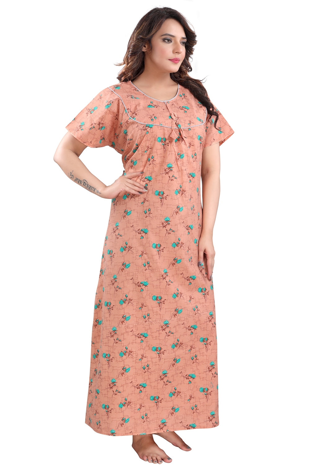 Fabme Women's Light Orange Printed Cotton Full Length EveryDay Night Dress Nighty