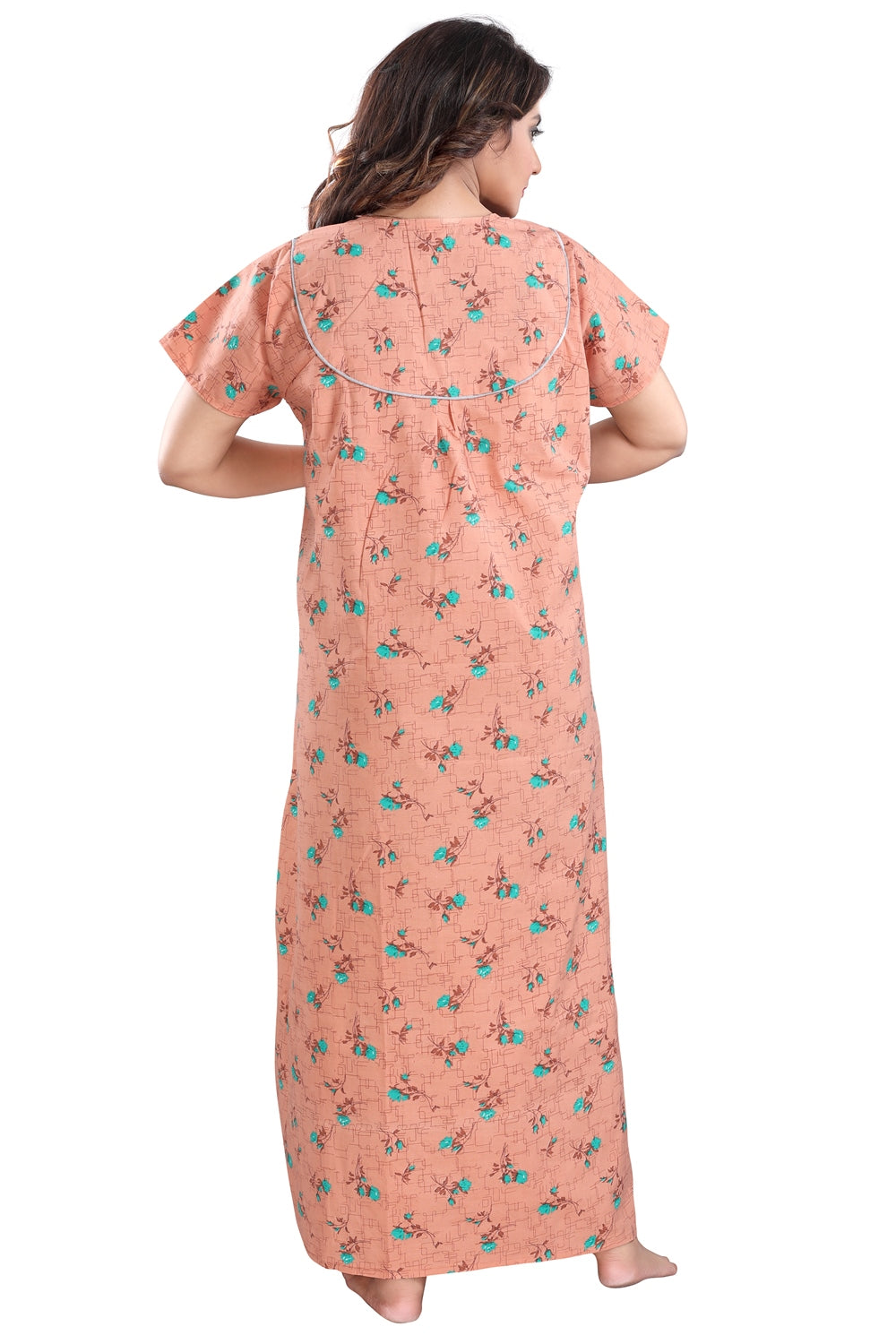 Fabme Women's Light Orange Printed Cotton Full Length EveryDay Night Dress Nighty