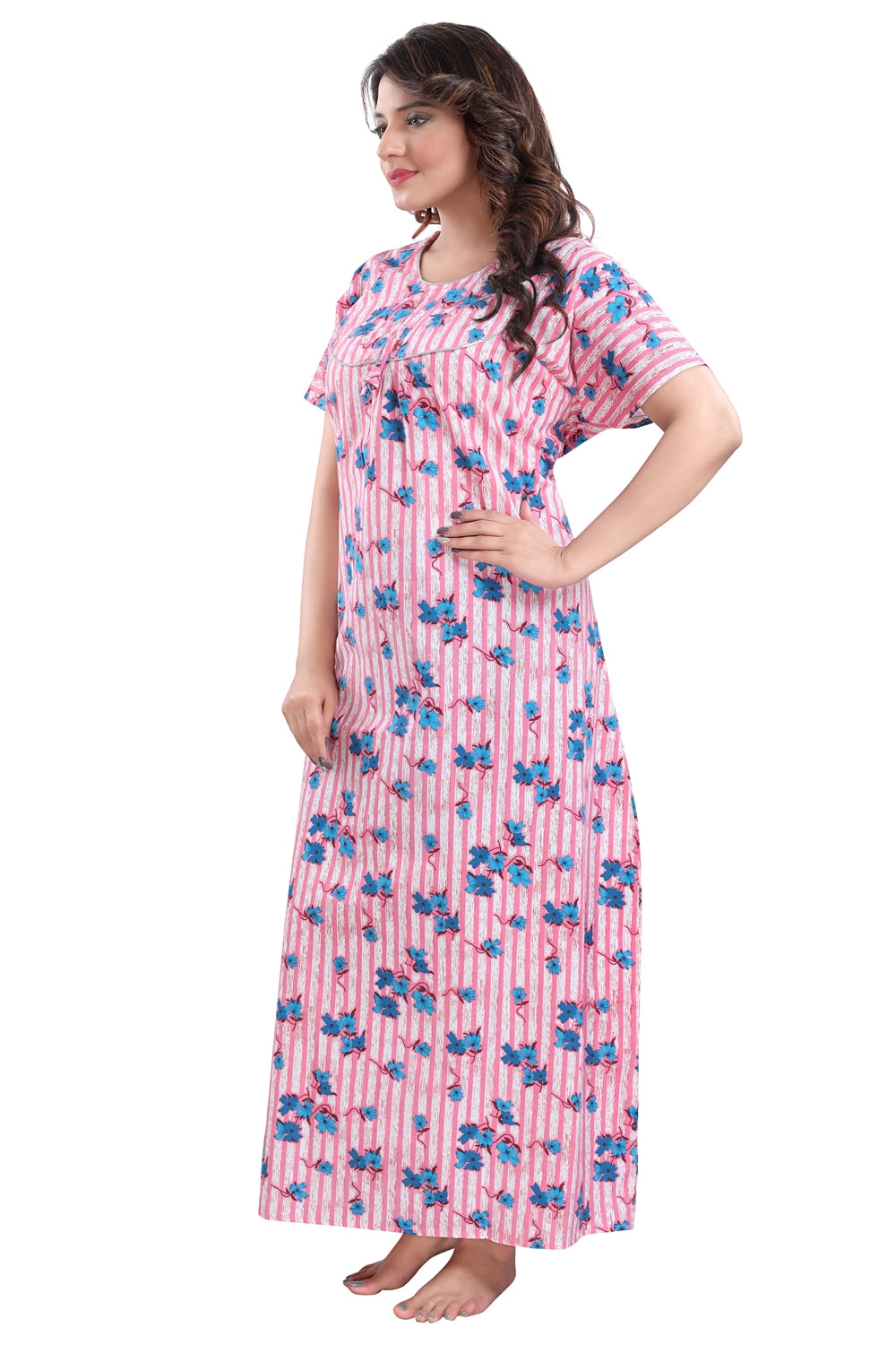 Fabme Women's Pink Printed Cotton Full Length EveryDay Night Dress Nighty