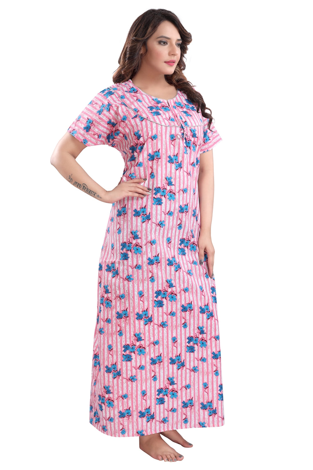 Fabme Women's Pink Printed Cotton Full Length EveryDay Night Dress Nighty
