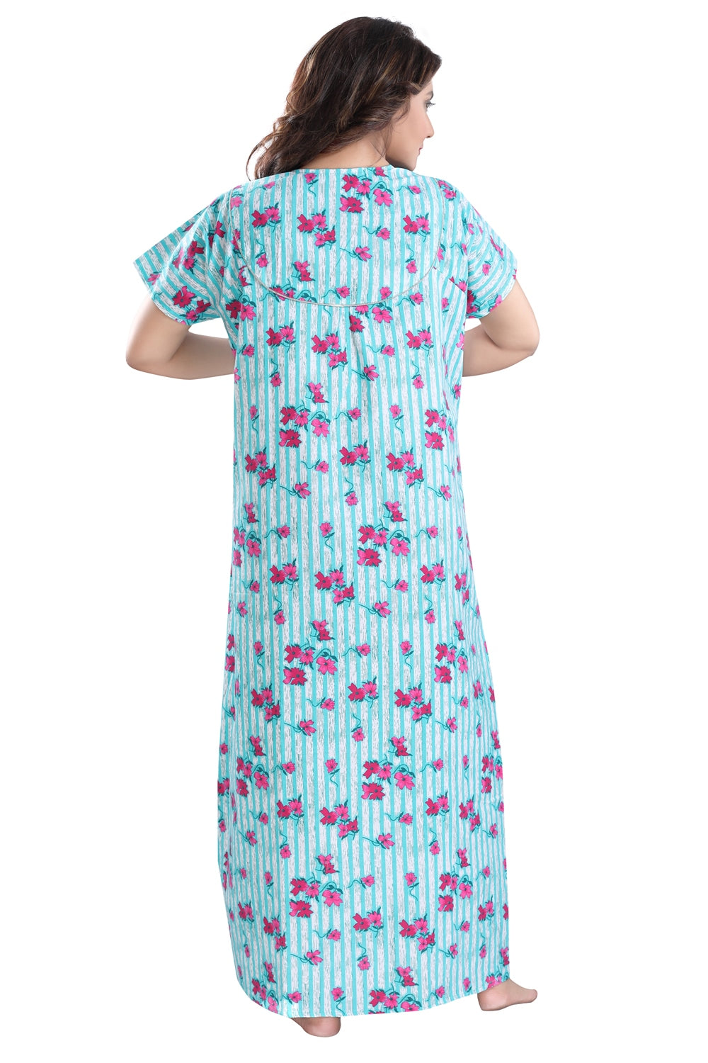 Fabme Women's Sea Green Printed Cotton Full Length EveryDay Night Dress Nighty