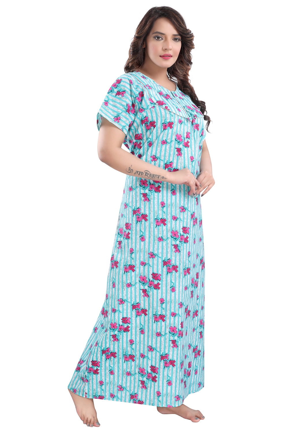 Fabme Women's Sea Green Printed Cotton Full Length EveryDay Night Dress Nighty
