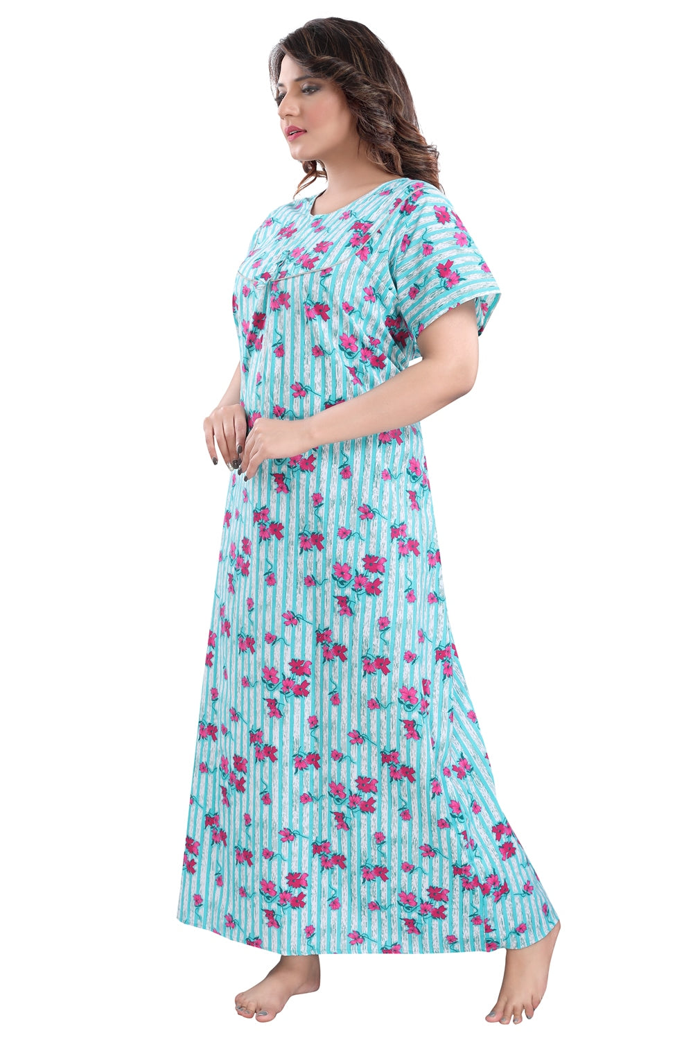 Fabme Women's Sea Green Printed Cotton Full Length EveryDay Night Dress Nighty