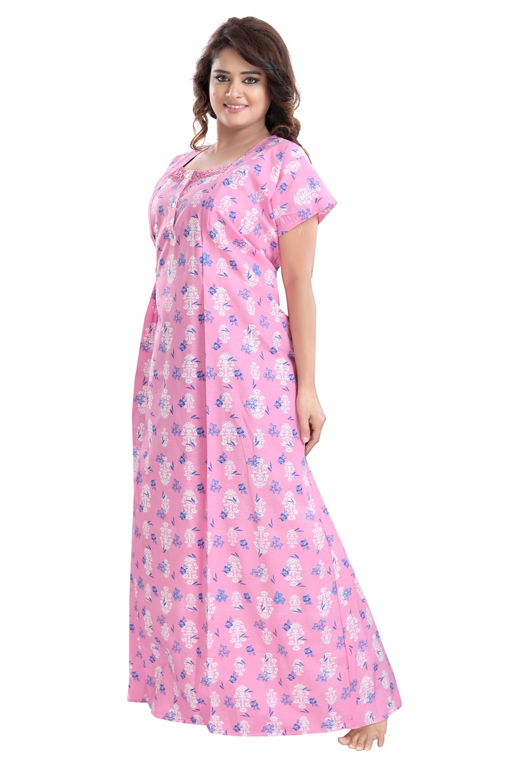Fabme Women's Pink Vertical Zip Cotton Full Length Maternity Night Dress Nighty