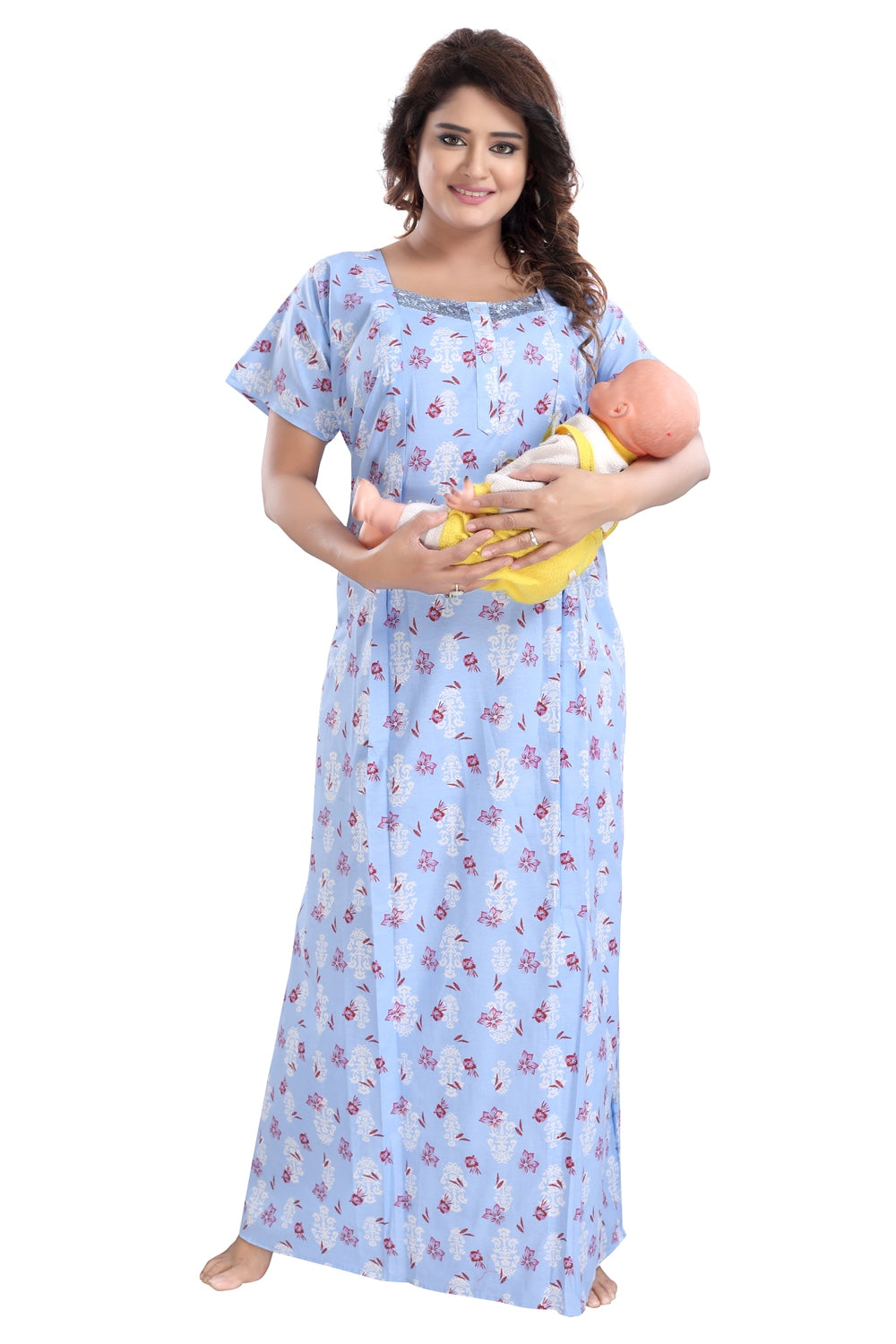 Fabme Women's Blue Vertical Zip Cotton Full Length Maternity Night Dress Nighty