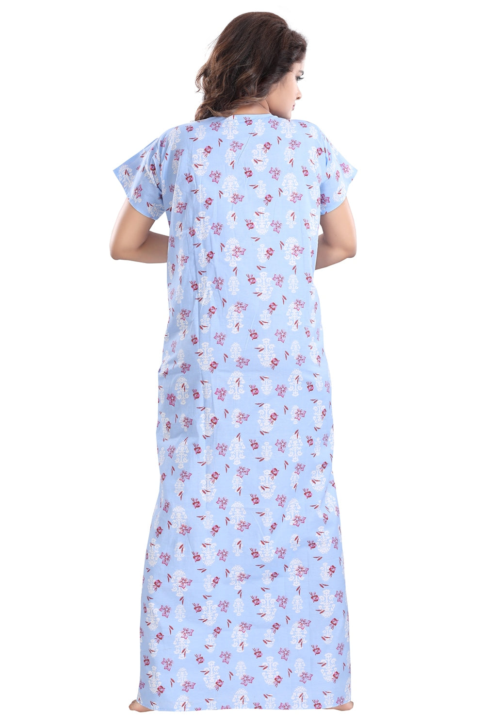 Fabme Women's Blue Vertical Zip Cotton Full Length Maternity Night Dress Nighty