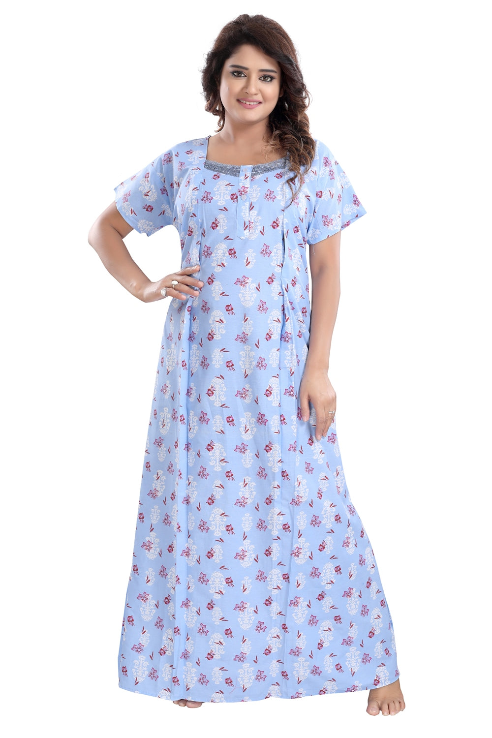 Fabme Women's Blue Vertical Zip Cotton Full Length Maternity Night Dress Nighty