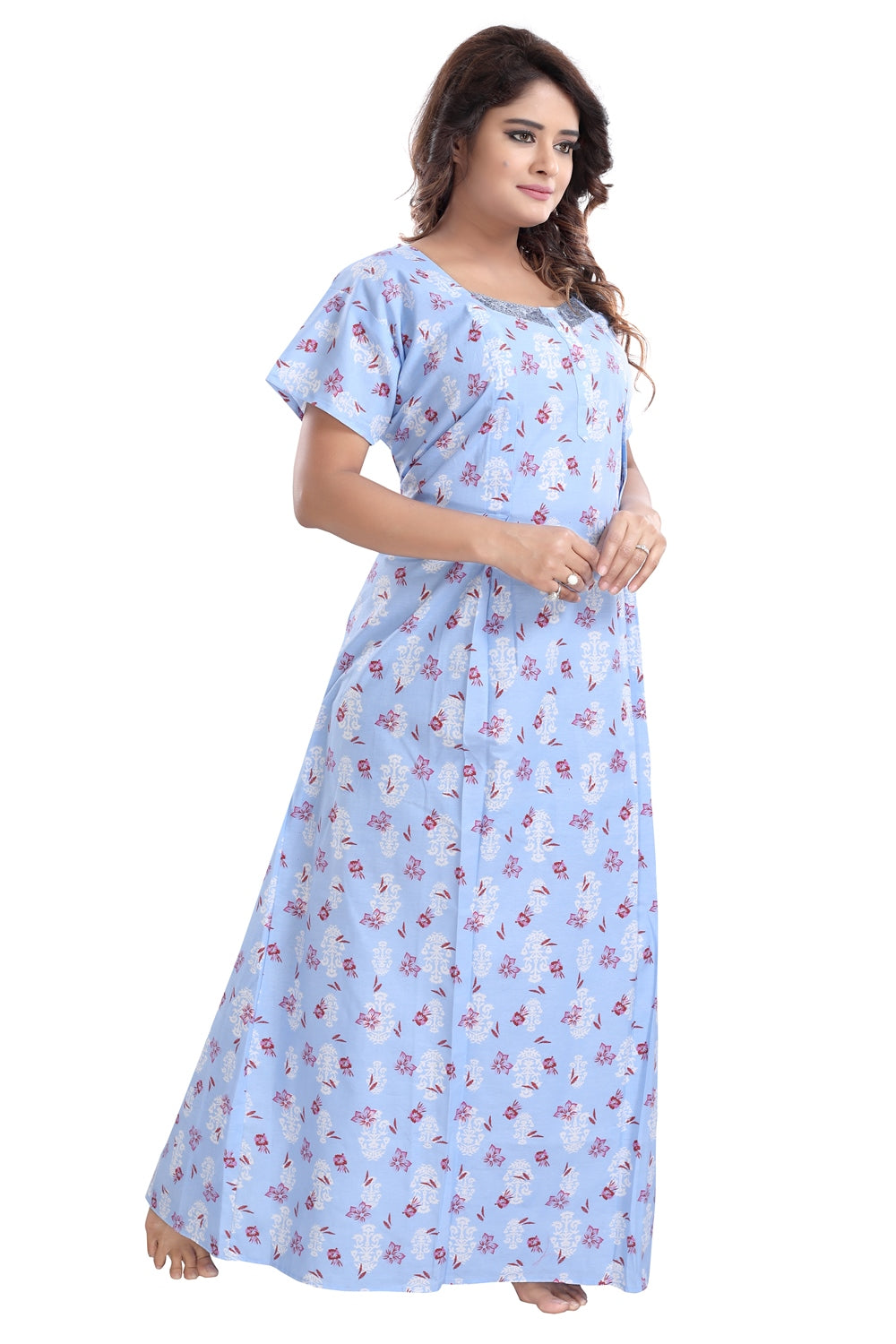 Fabme Women's Blue Vertical Zip Cotton Full Length Maternity Night Dress Nighty