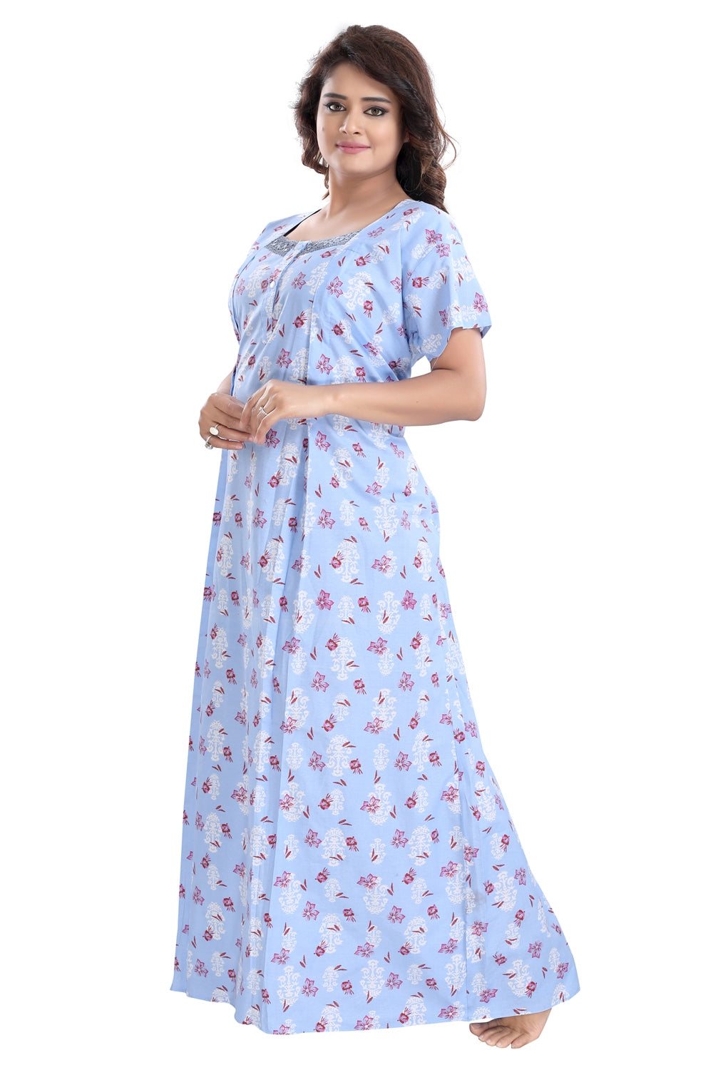 Fabme Women's Blue Vertical Zip Cotton Full Length Maternity Night Dress Nighty