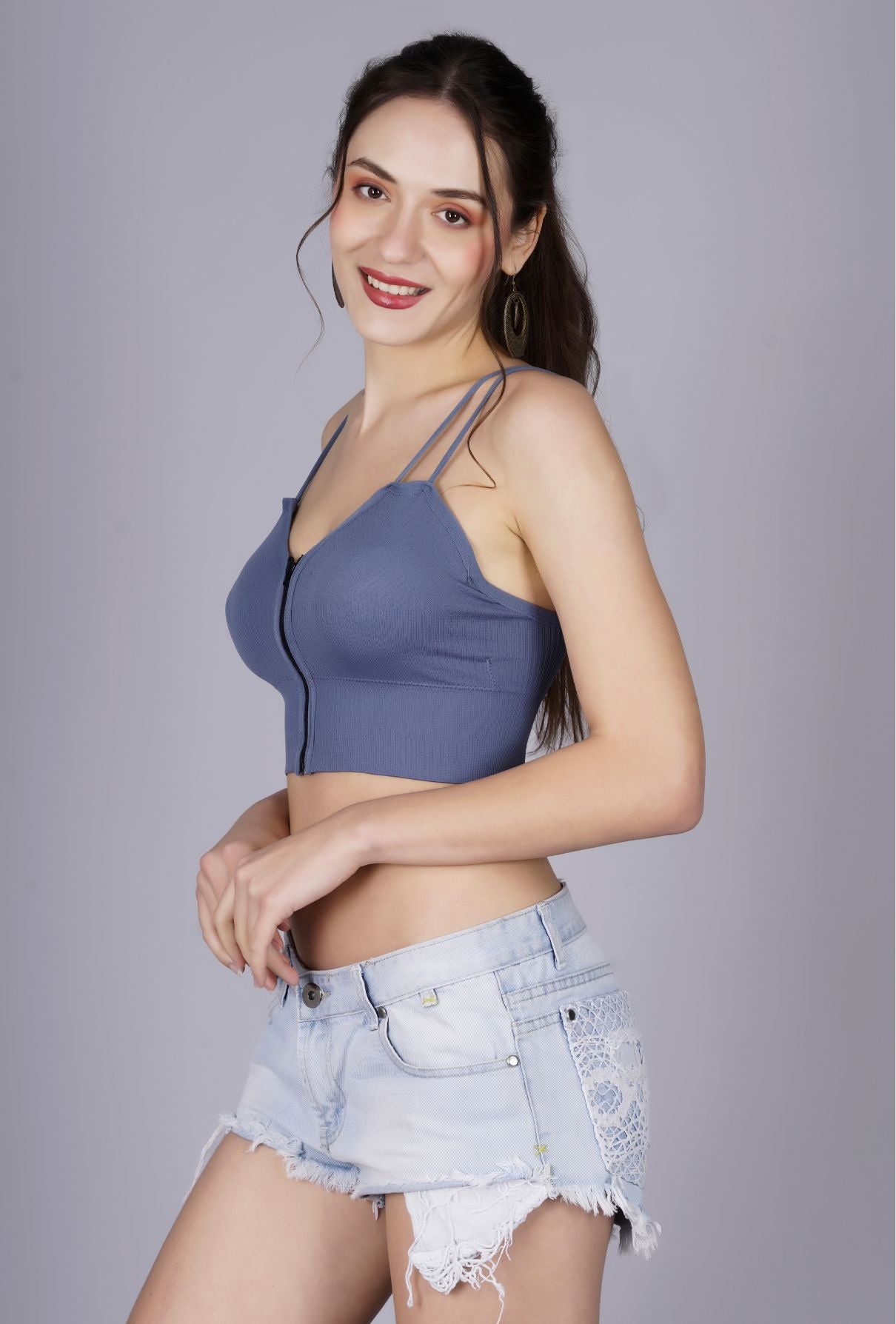 Fabme Women's Front Zip Open Blue Noodle Sleeves Crop Top