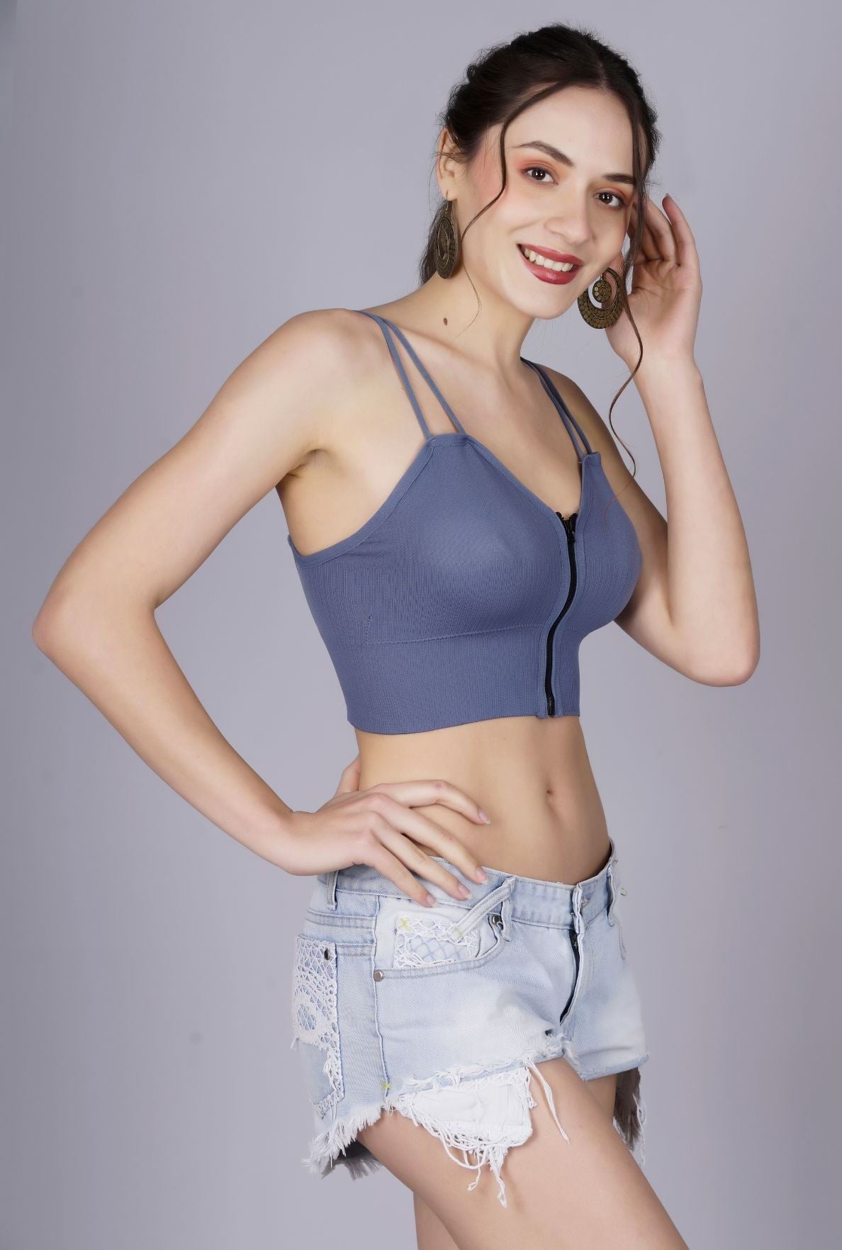 Fabme Women's Front Zip Open Blue Noodle Sleeves Crop Top