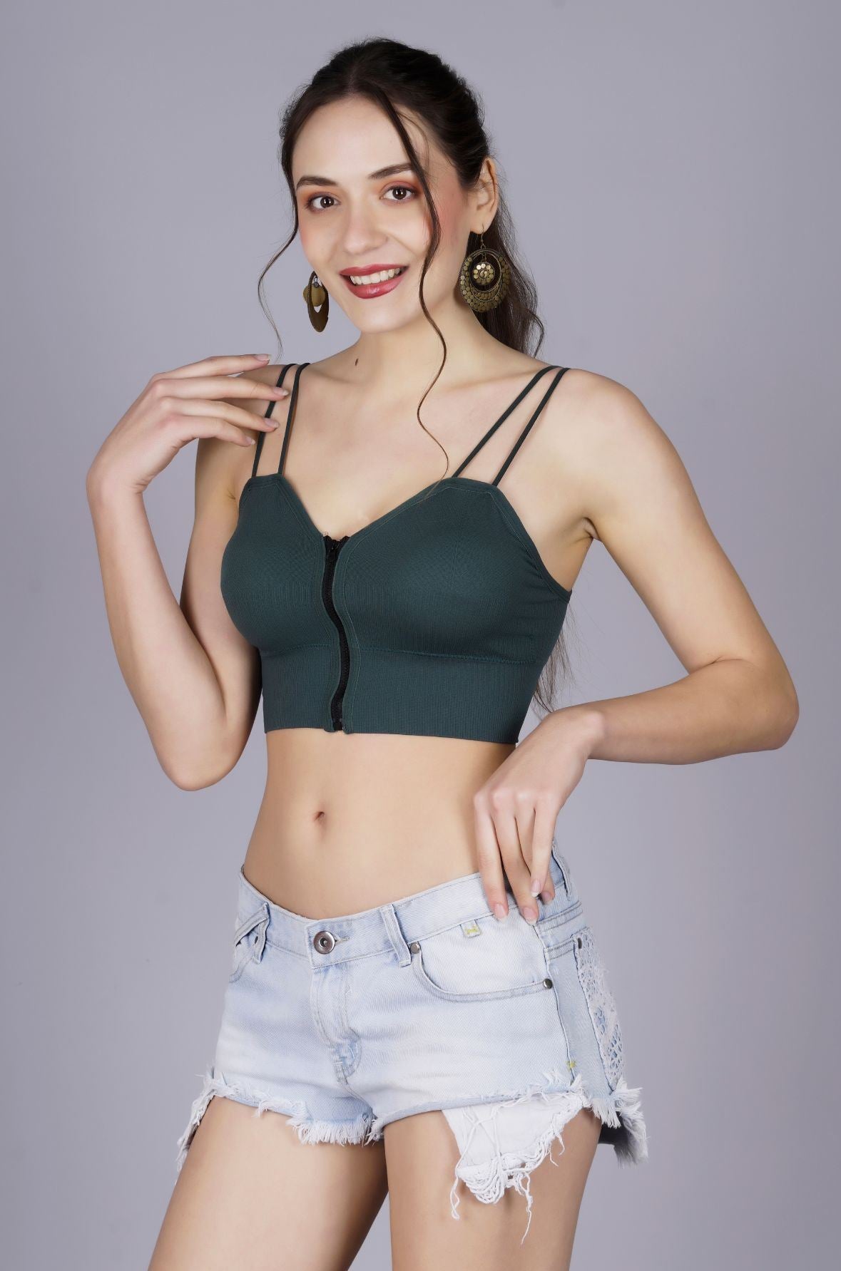 Fabme Women's Front Zip Open Green Noodle Sleeves Crop Top