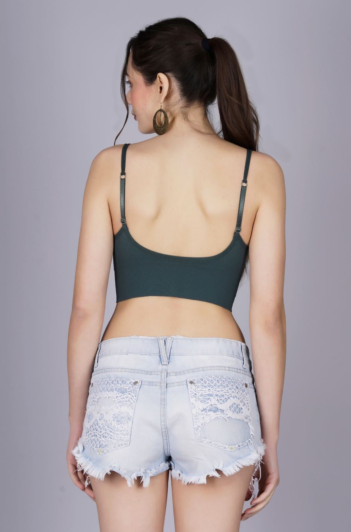 Fabme Women's Front Zip Open Green Noodle Sleeves Crop Top