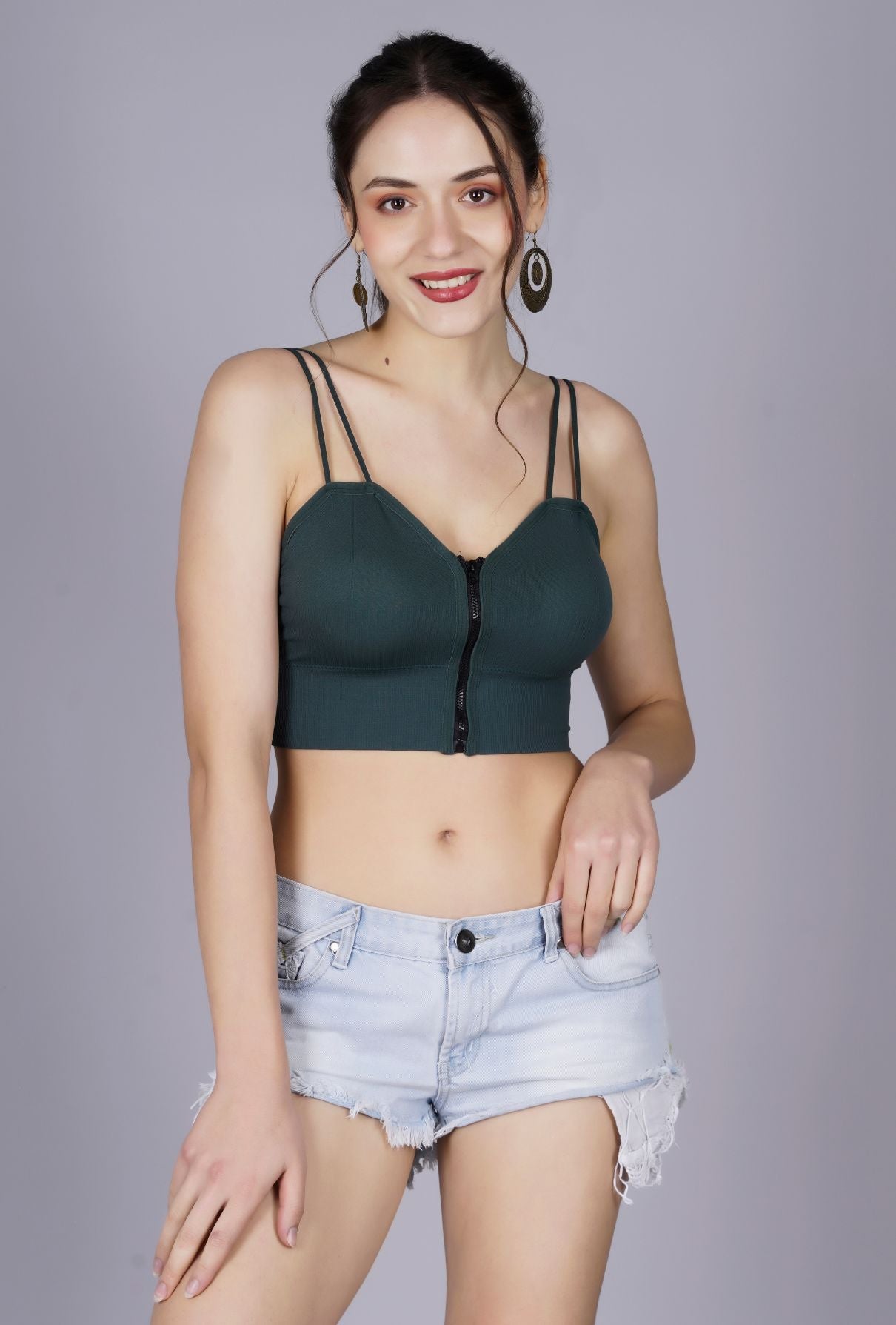 Fabme Women's Front Zip Open Green Noodle Sleeves Crop Top