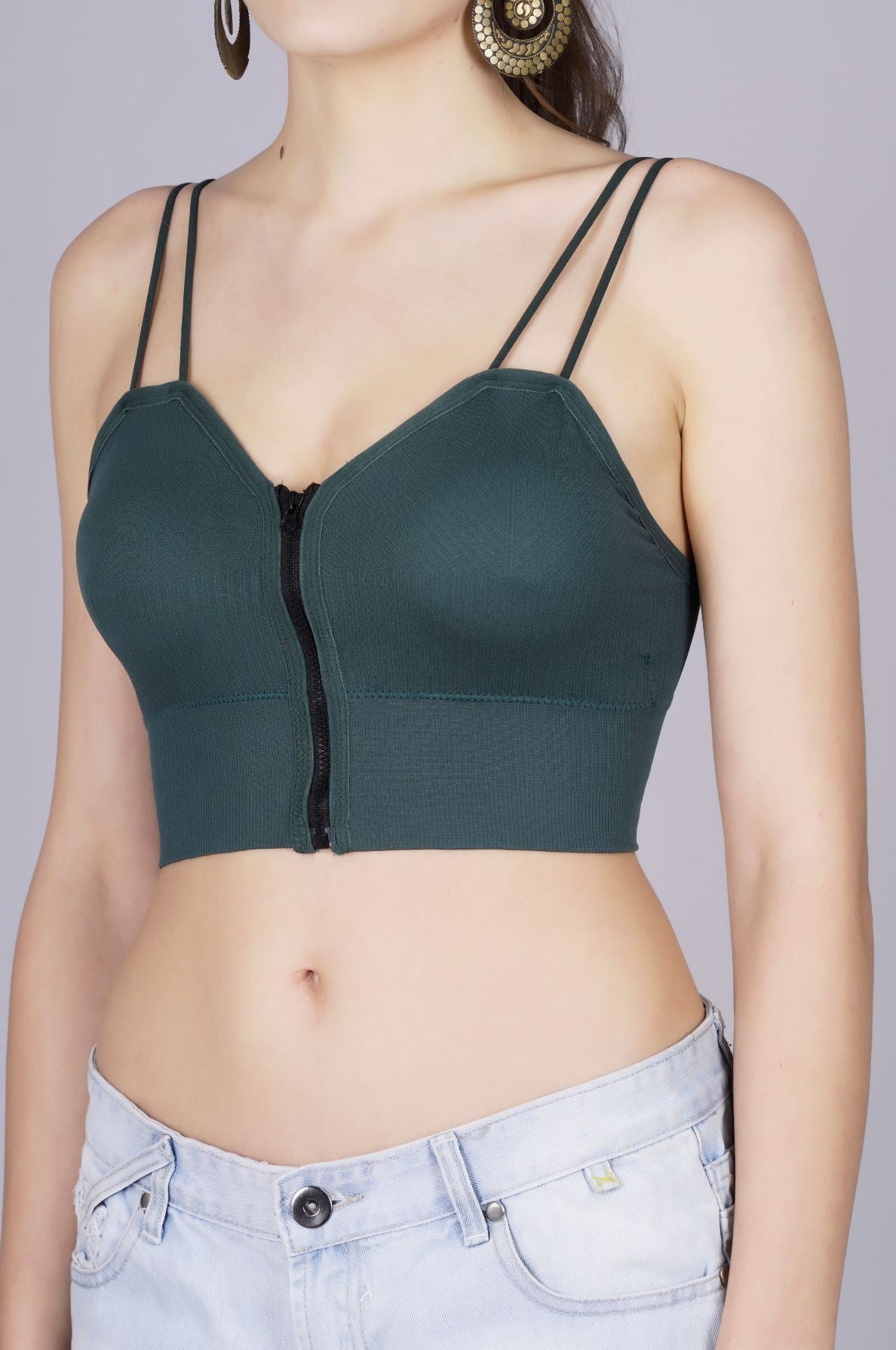Fabme Women's Front Zip Open Green Noodle Sleeves Crop Top