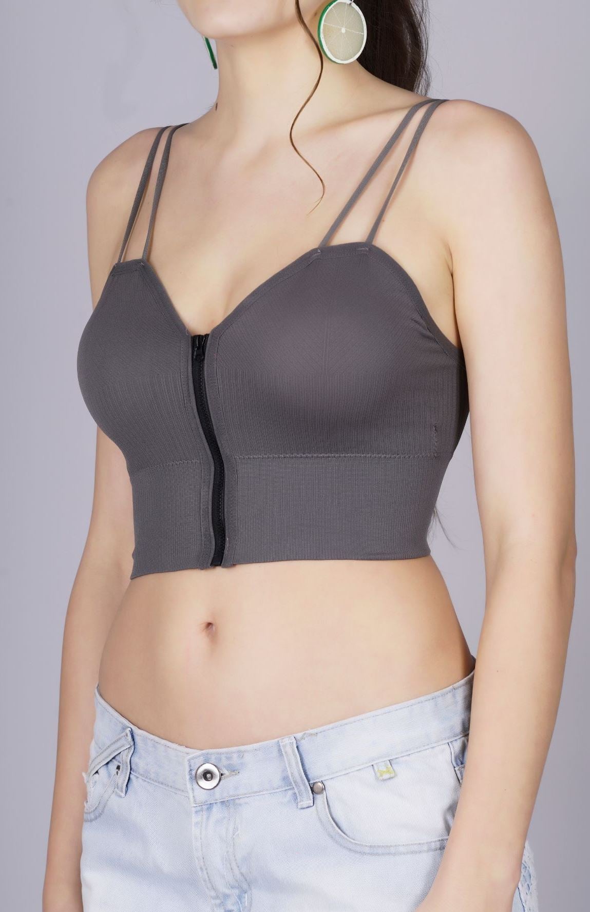 Fabme Women's Front Zip Open Grey Noodle Sleeves Crop Top