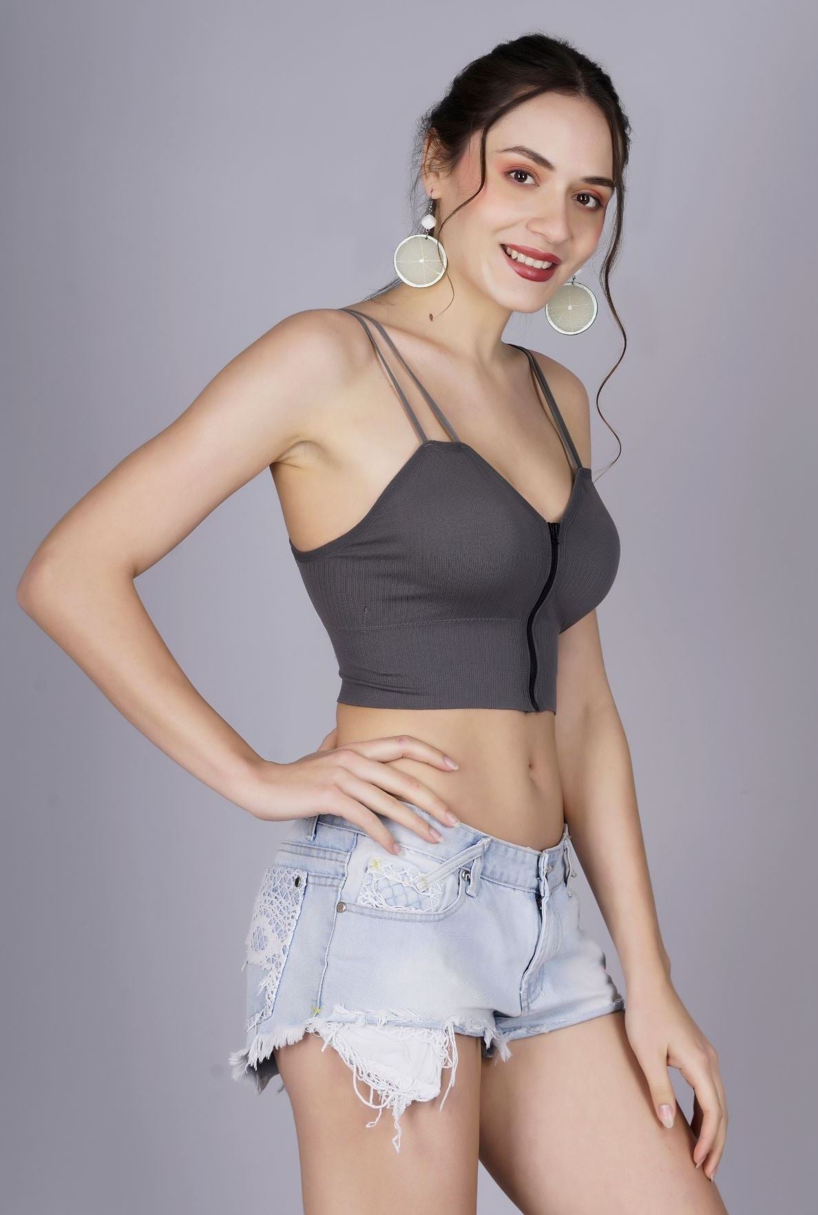 Fabme Women's Front Zip Open Grey Noodle Sleeves Crop Top
