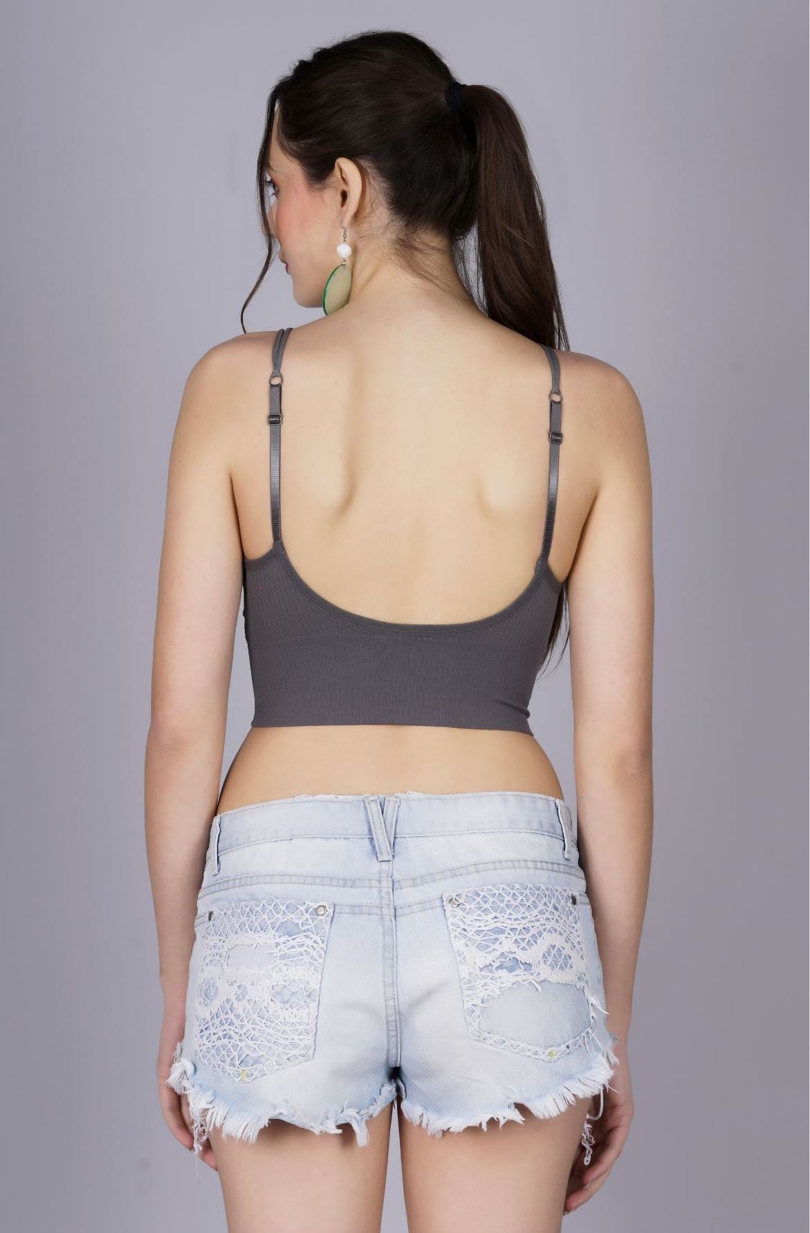 Fabme Women's Front Zip Open Grey Noodle Sleeves Crop Top