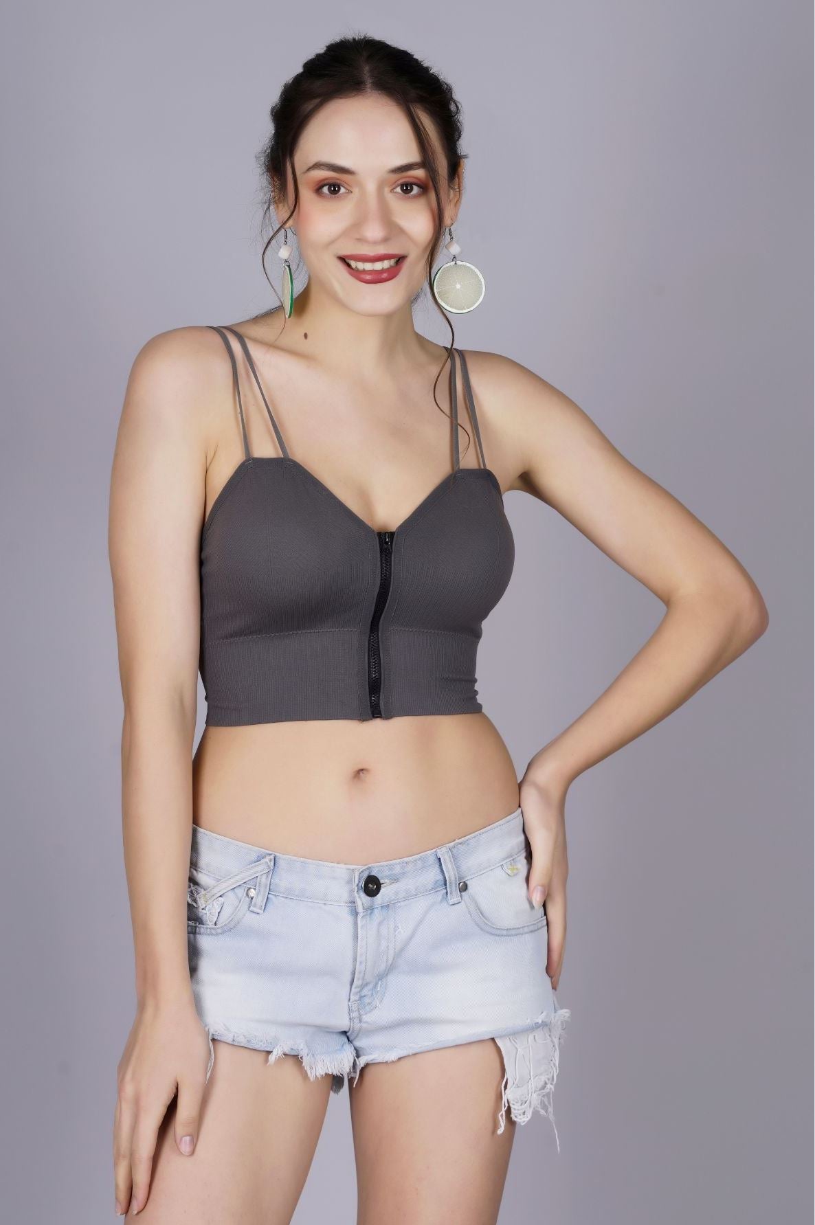 Fabme Women's Front Zip Open Grey Noodle Sleeves Crop Top