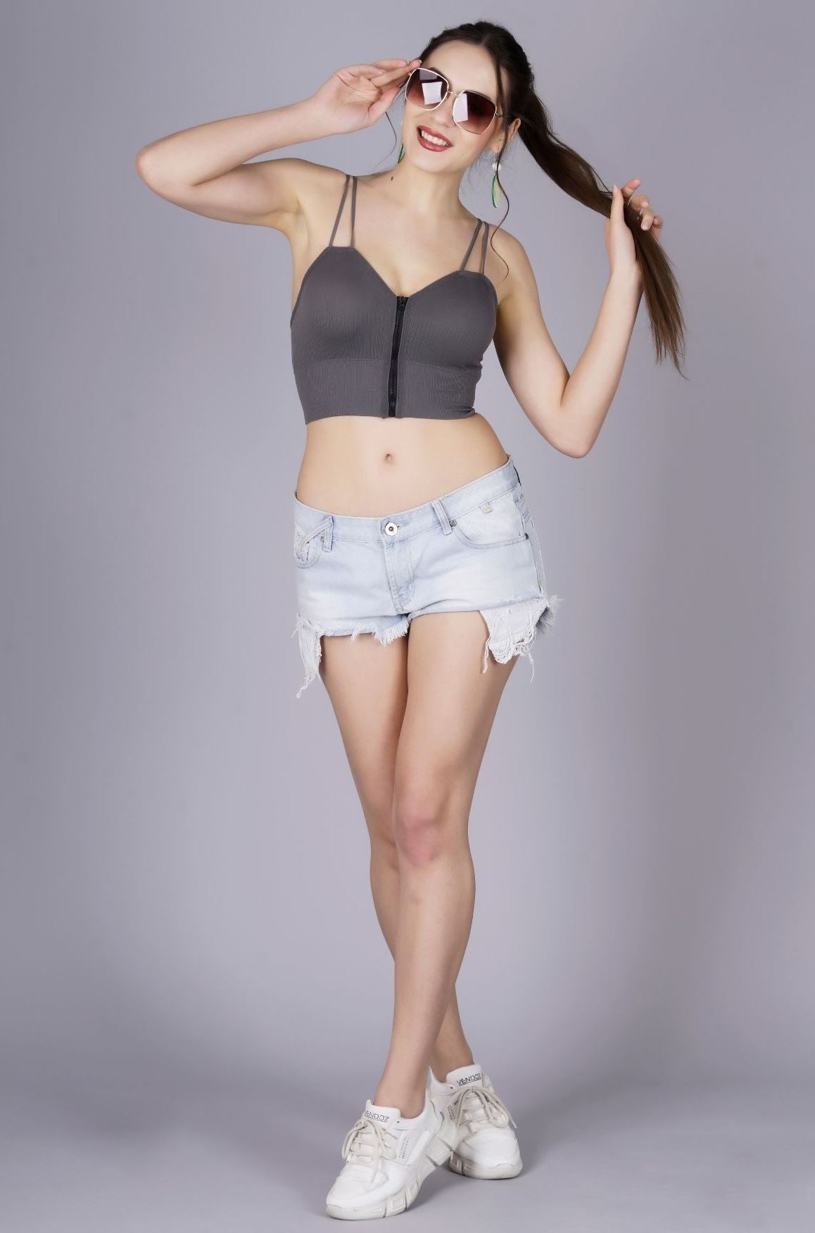 Fabme Women's Front Zip Open Grey Noodle Sleeves Crop Top