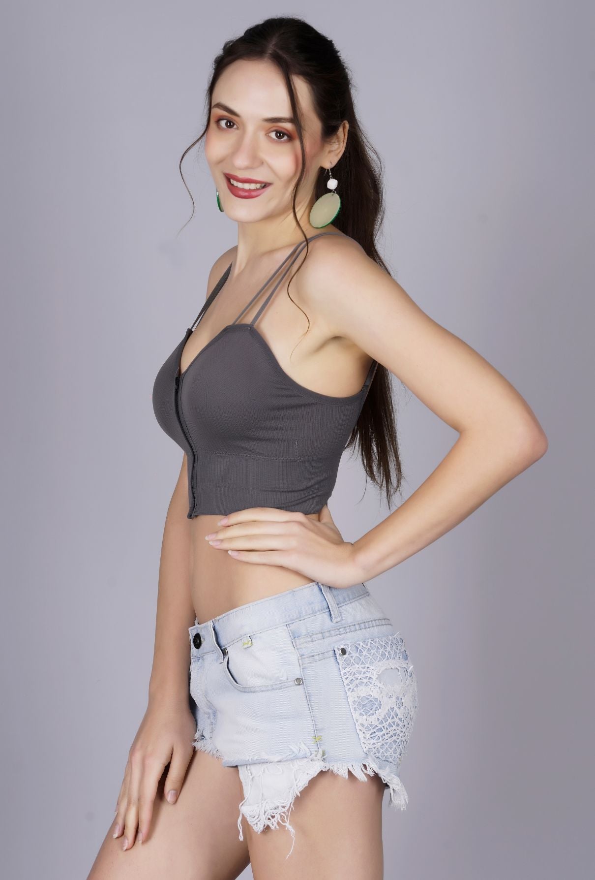 Fabme Women's Front Zip Open Grey Noodle Sleeves Crop Top